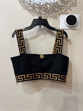 Bandeau Black & Gold Top Shoulder Straps Greek Key Print & Gold Emblem  Largw